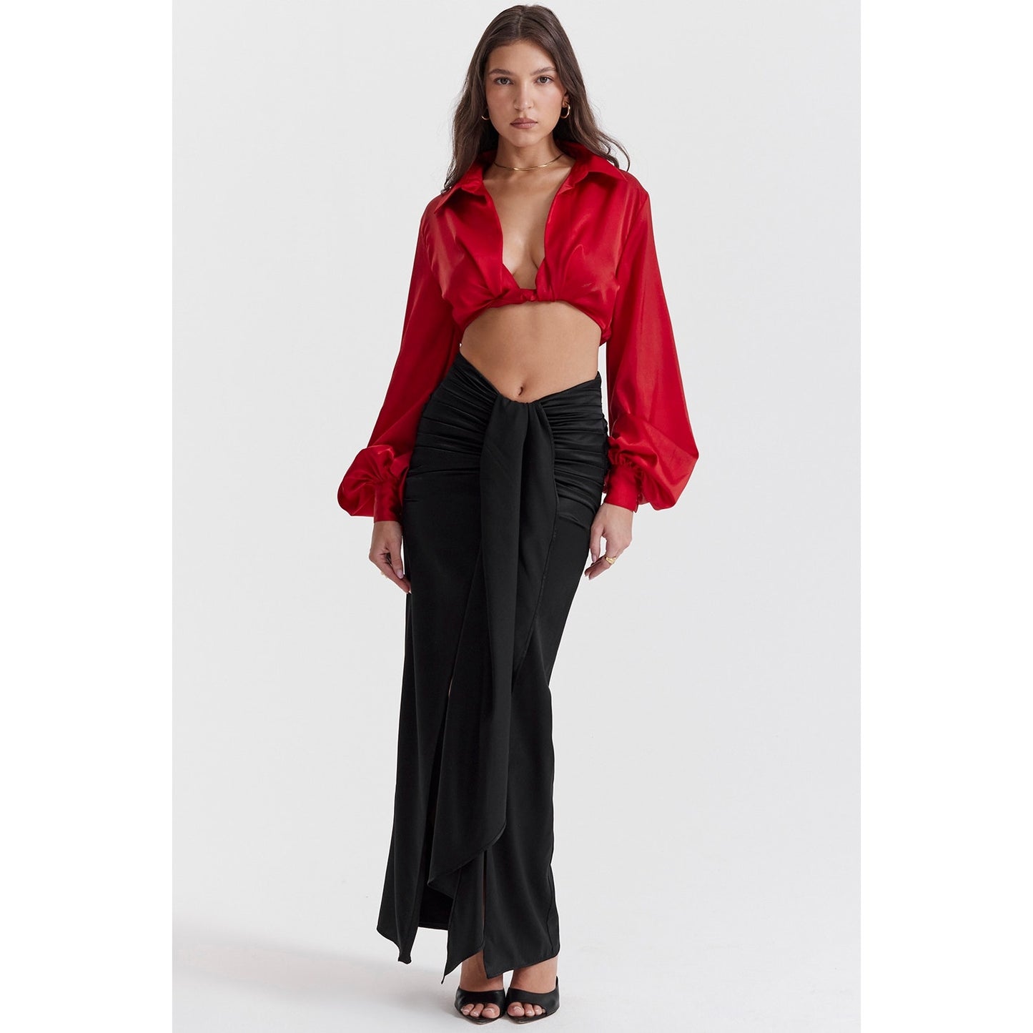 House of CB Arla black draped silk maxi skirt