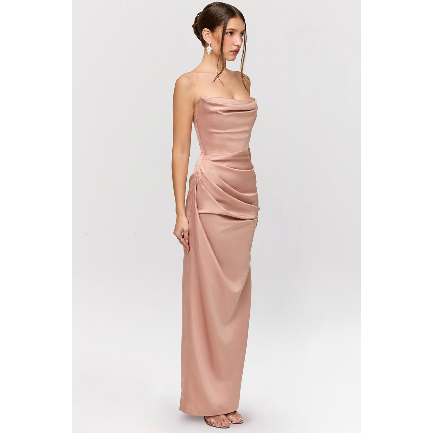 House of CB Adrienne blush satin strapless gown
