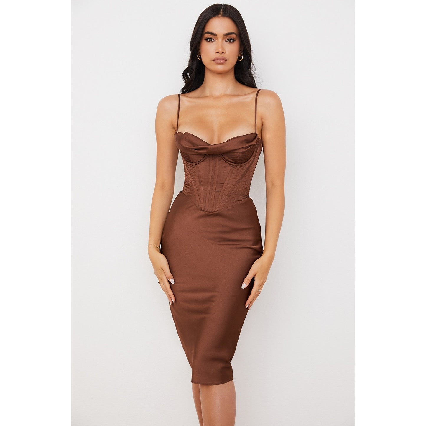House of Cb Myrna Chocolate Satin Corset Slip Dress