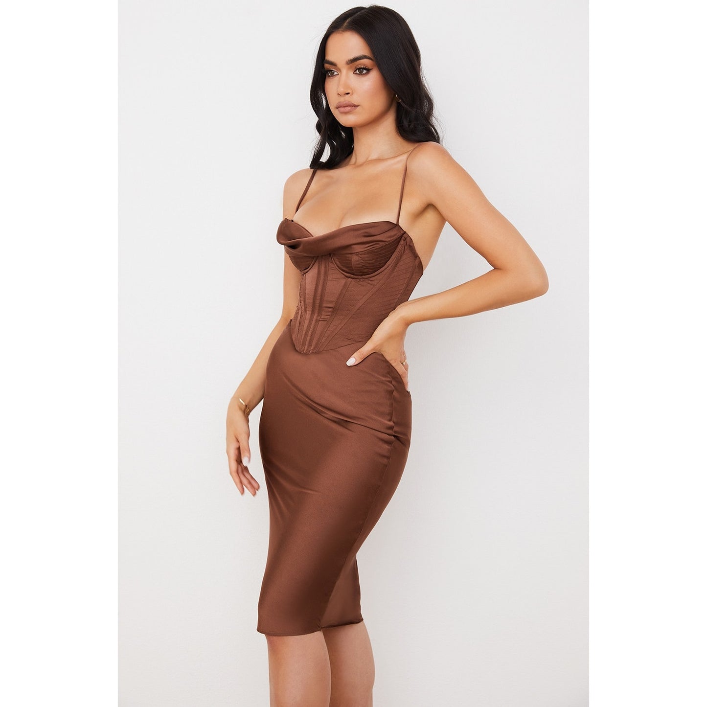 House of Cb Myrna Chocolate Satin Corset Slip Dress