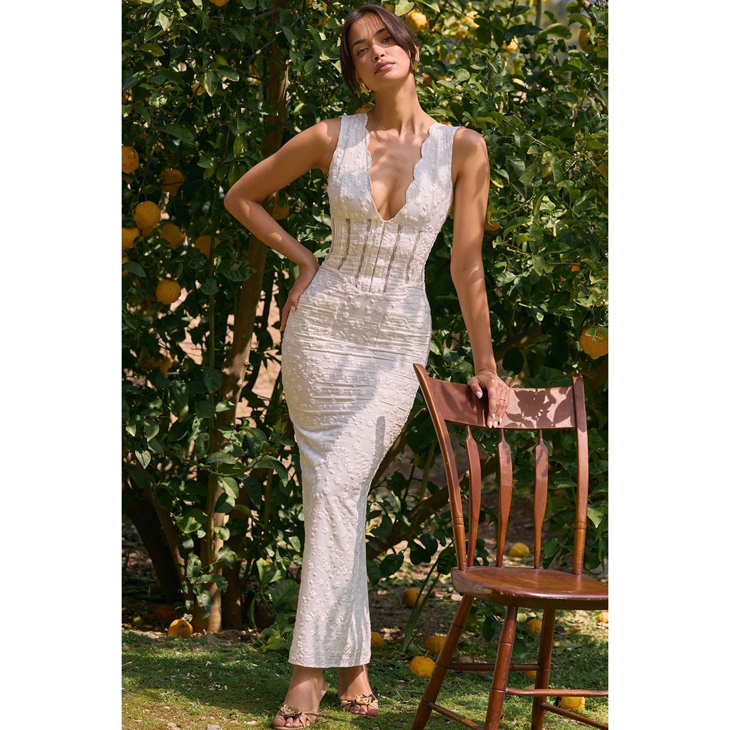 House of CB Sophina white cotton broderie anglais plunge maxi dress