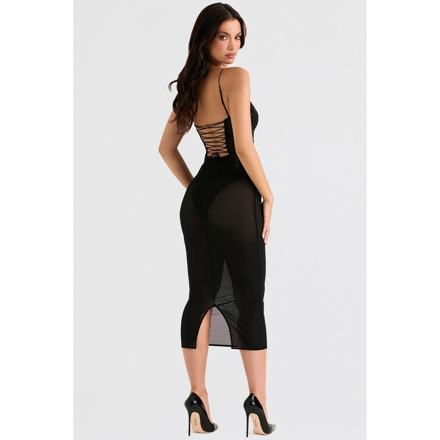 House of CB Amirah black mesh crystal embellished midi dress