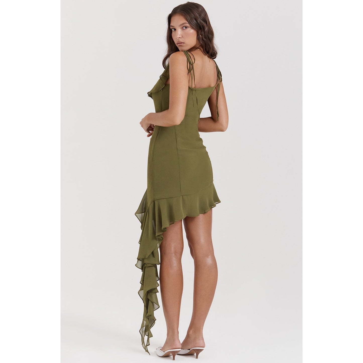 House of CB Marcia olive ruffle mini dress