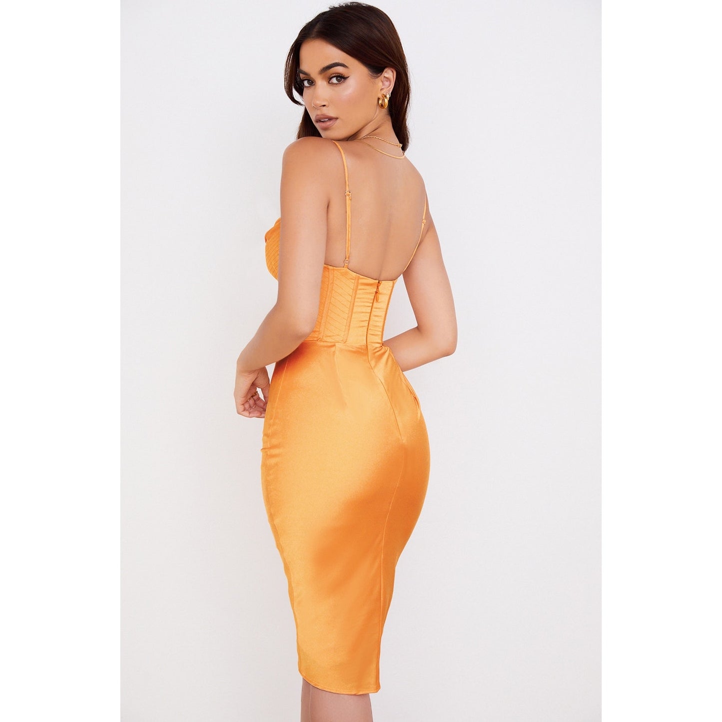 House of CB Myrna Tangerine Satin Corset Midi Dress