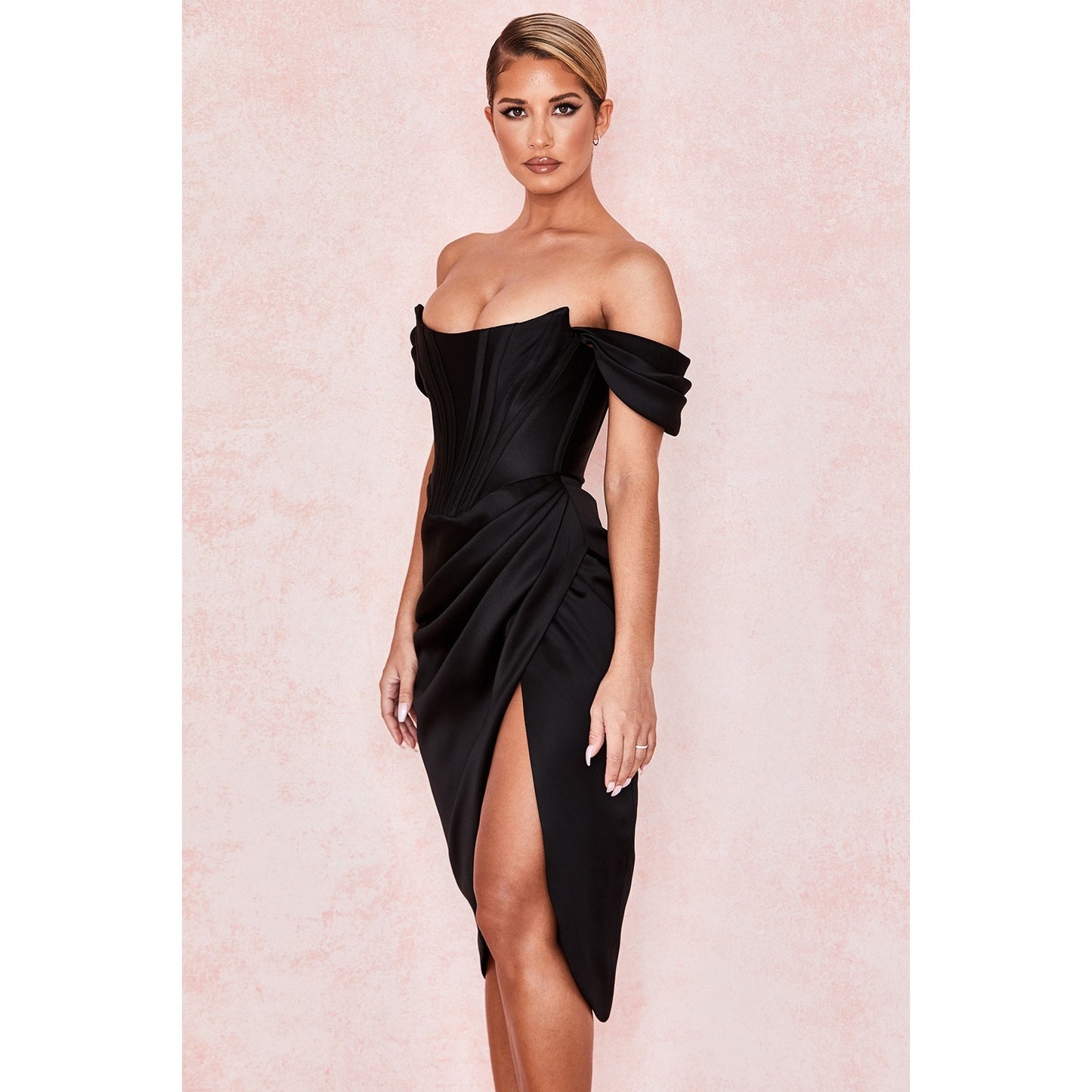 House of CB Loretta black satin off shoulder dress