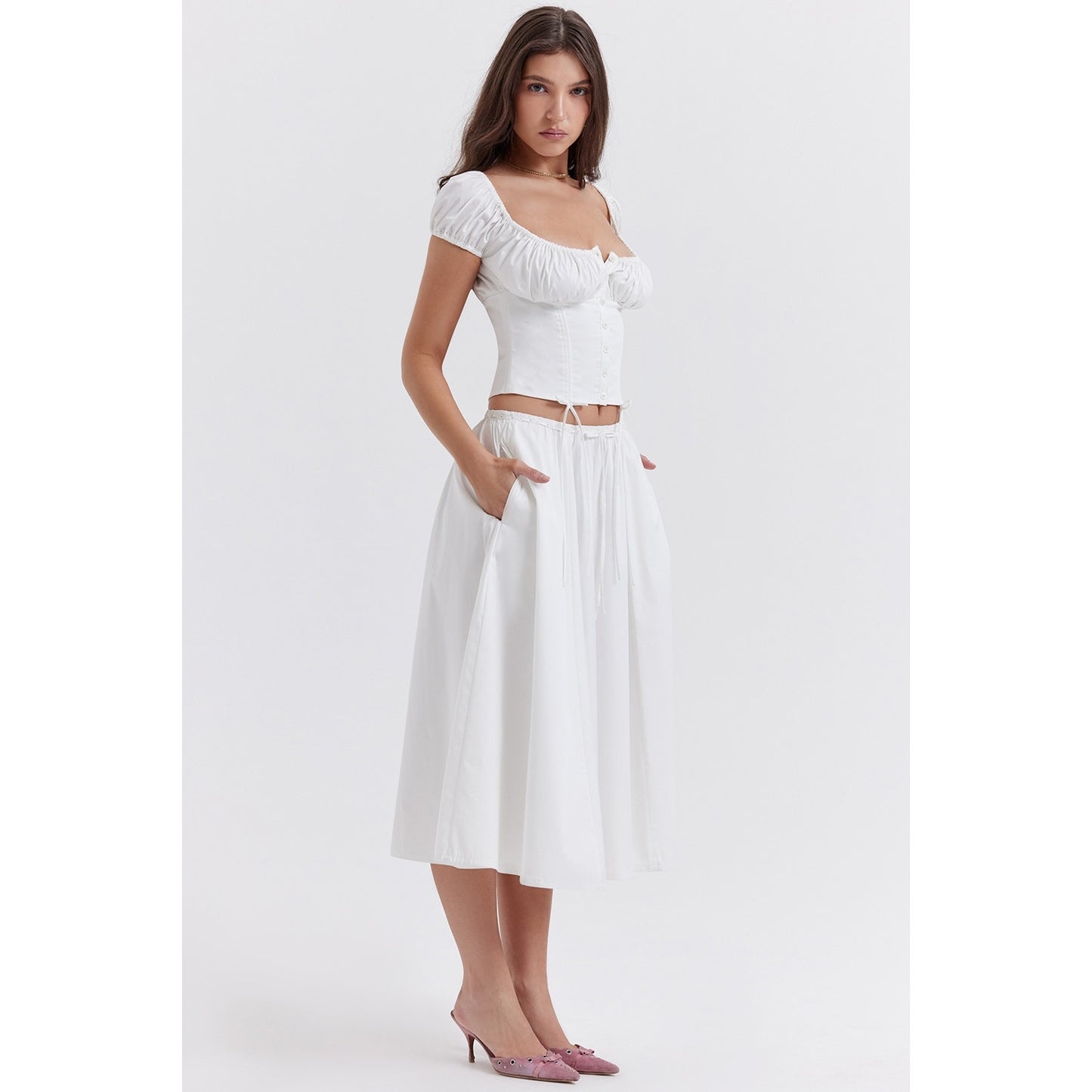 House of CB Cora white gathered midi skirt