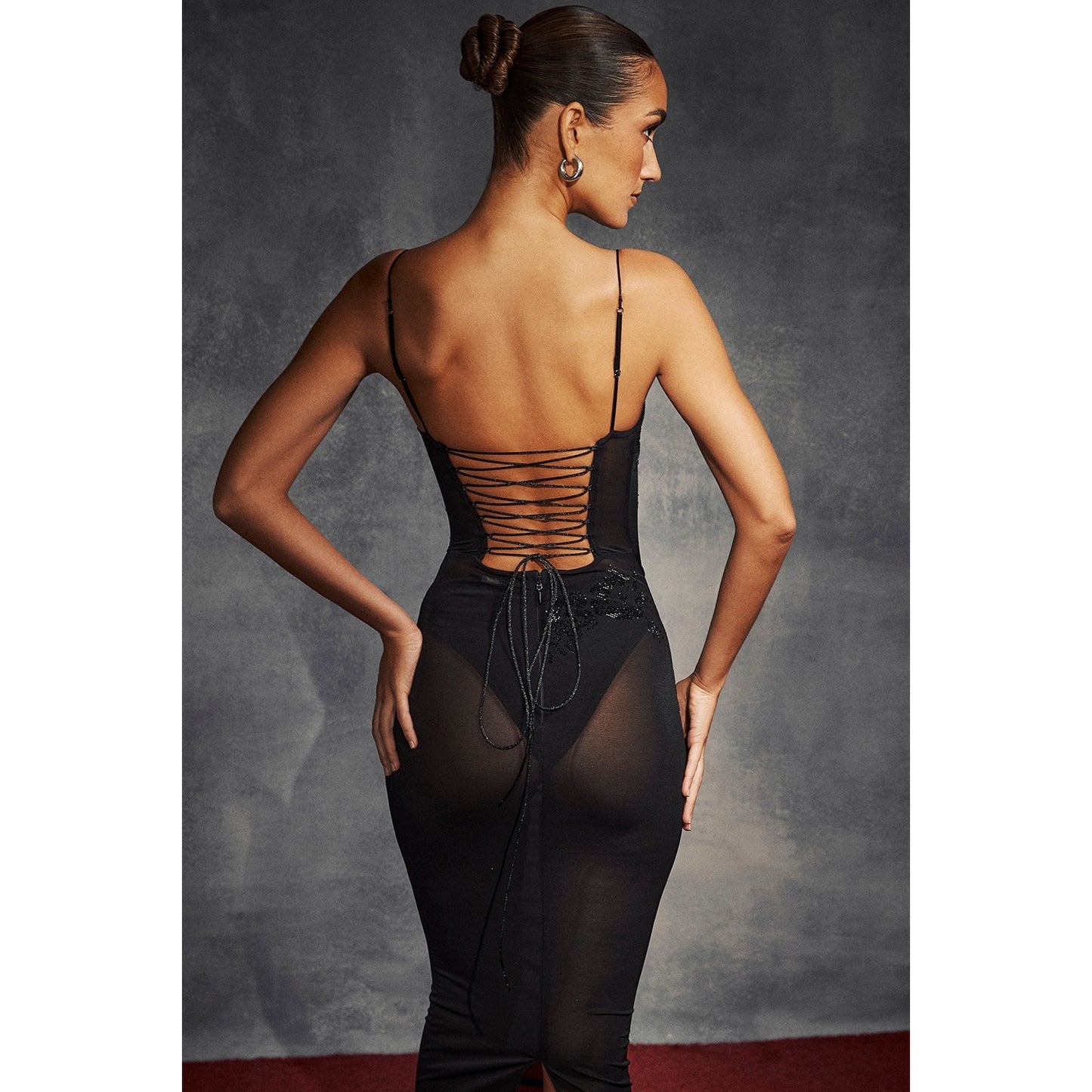 House of CB Amirah black mesh crystal embellished midi dress