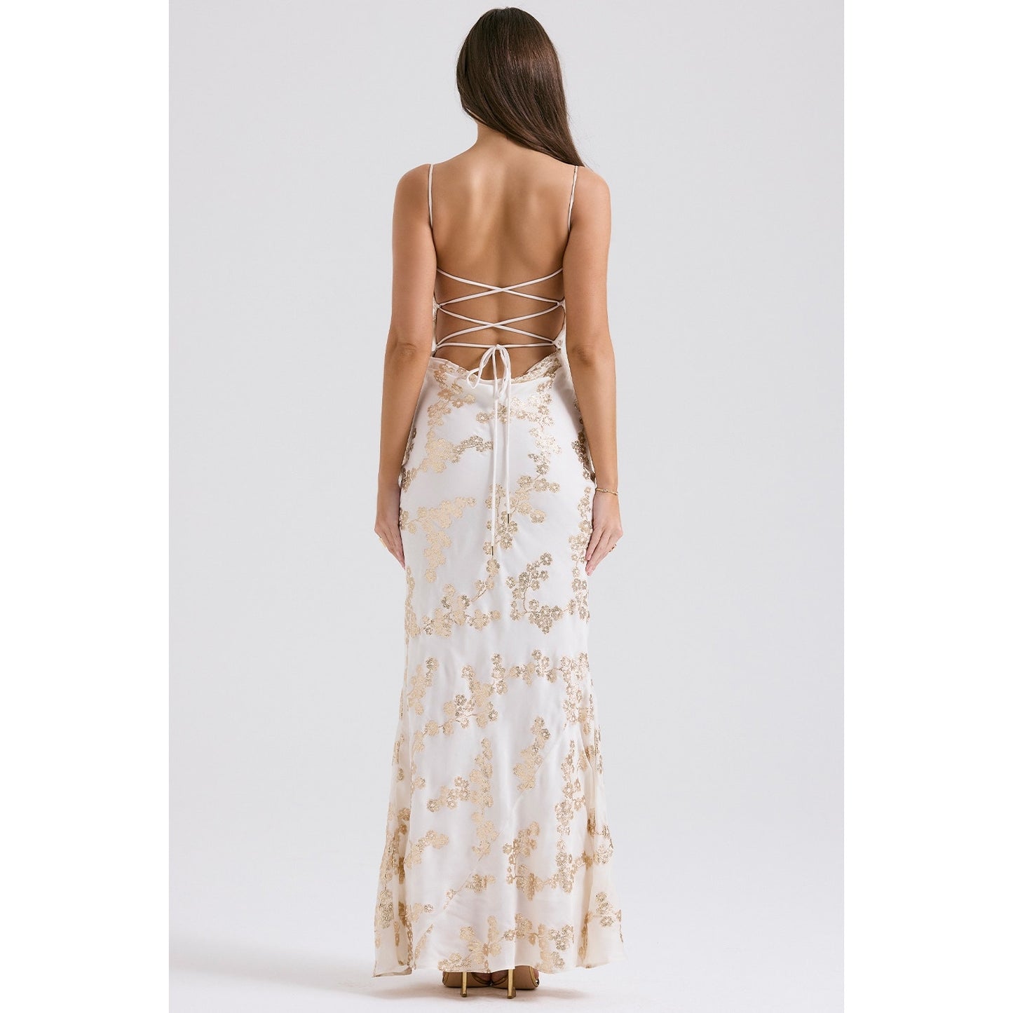 House of CB Capriana white & gold jacquard satin gown