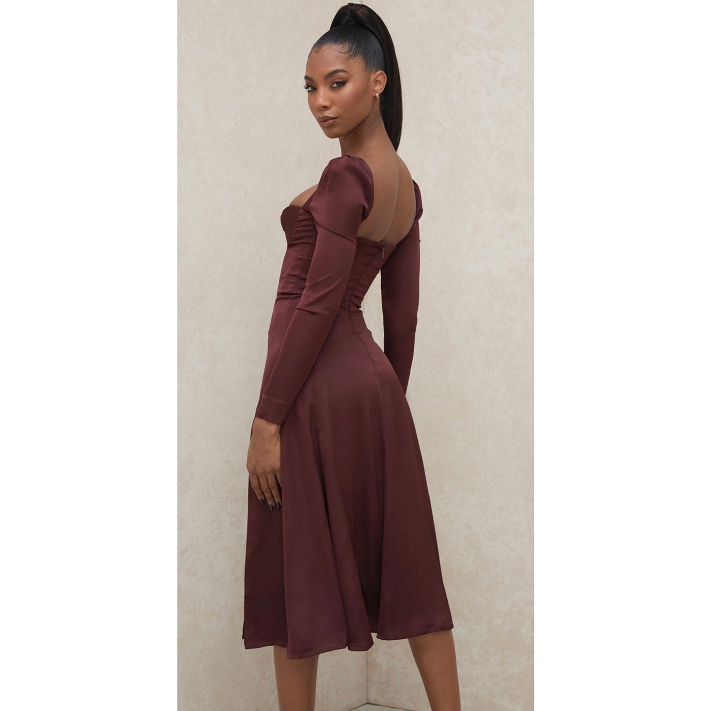 ARLINDA RAISIN SATIN PUFF SLEEVE MIDI DRESS