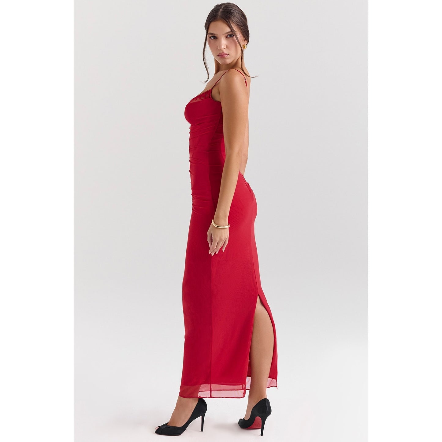 House of CB Nalini Holly Red Mesh Corset Maxi Dress