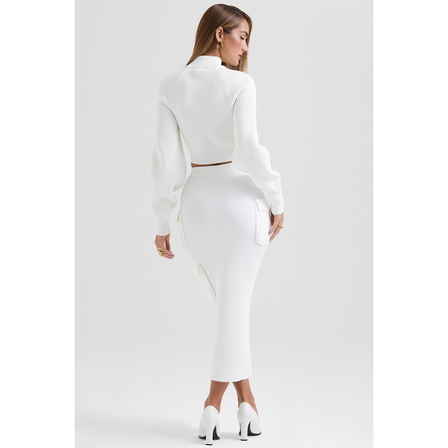 House of CB Maeve White Ribbed Knit Cargo Skirt