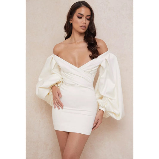 CARLYN New Large
Ivory Satin Balloon Sleeve Mini Dress