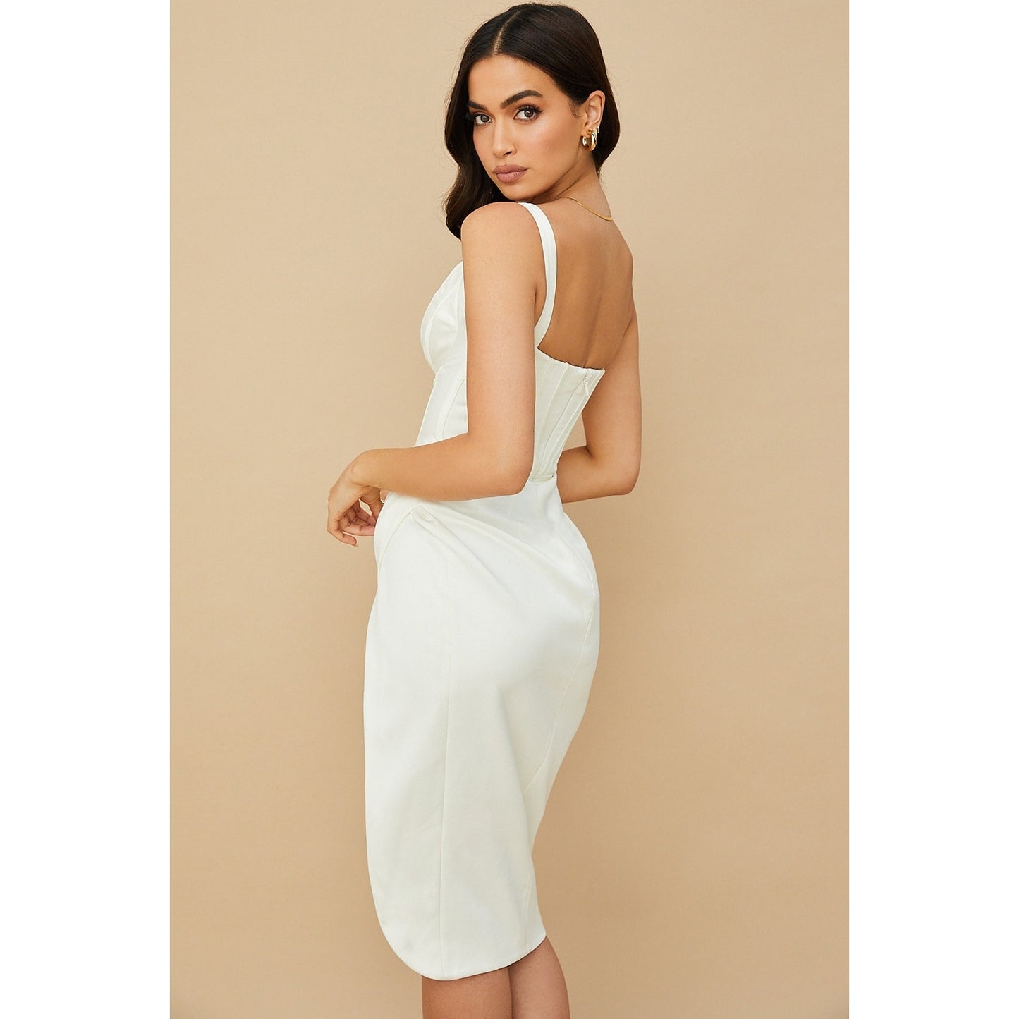House of CB Faye ivory satin corset midi dress