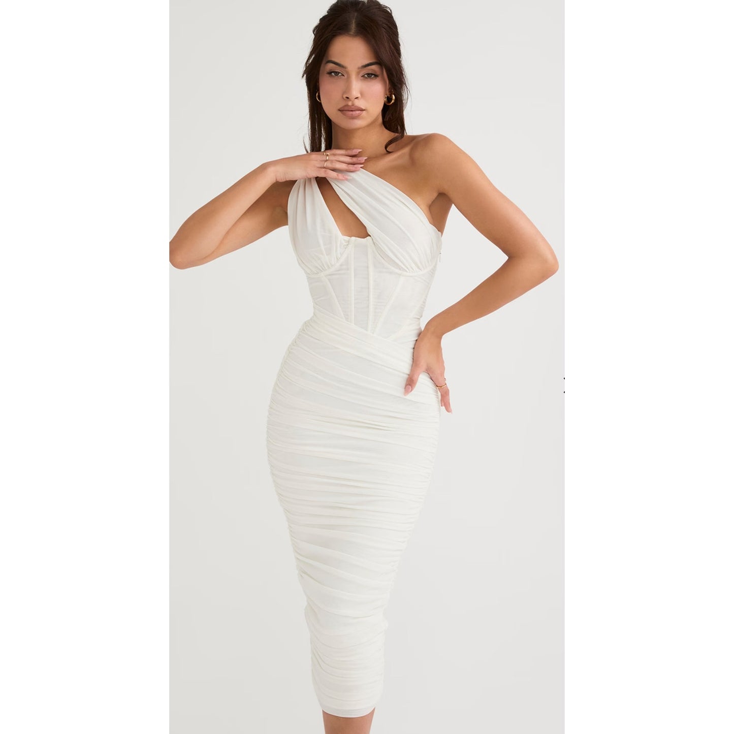 VALENTINA House of CB IVORY ASYMMETRIC CUTOUT MIDI DRESS
