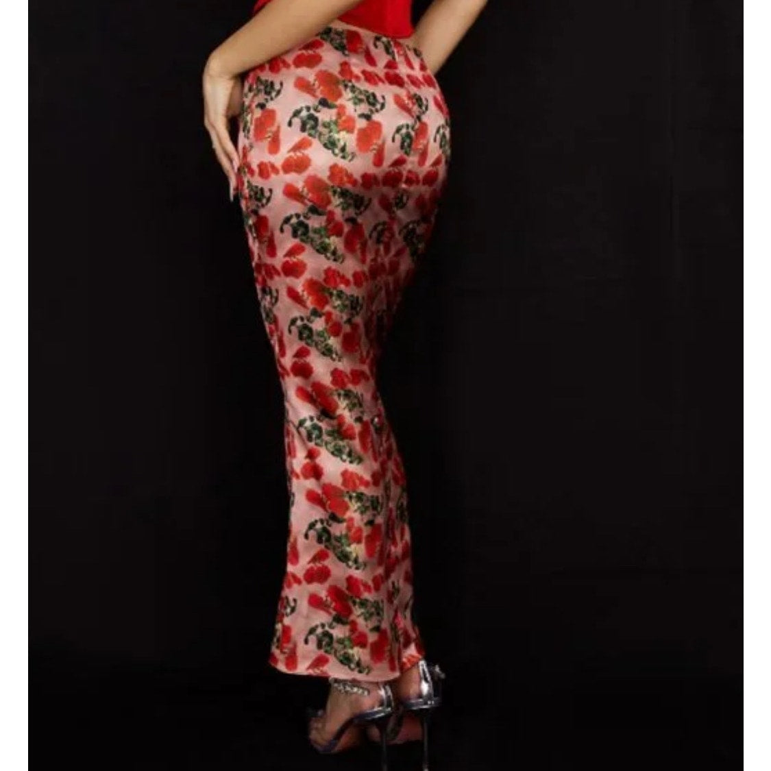 Luisette Rose Print Satin Midi Skirt