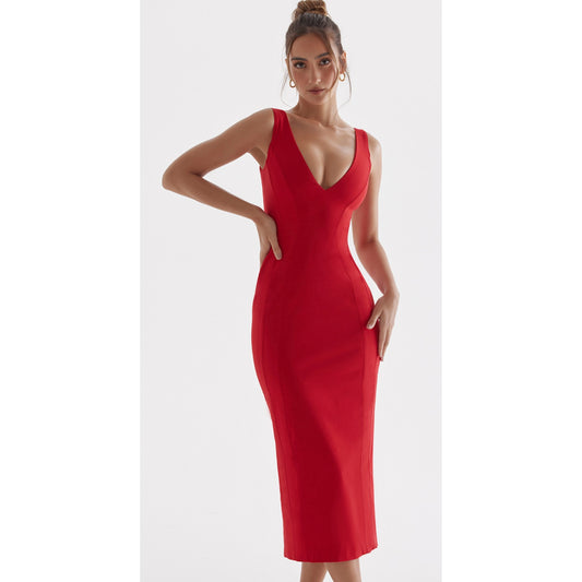 CECE Red Rose Plunge Maxi Dress