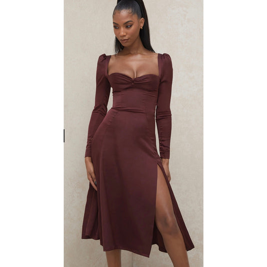 ARLINDA RAISIN SATIN PUFF SLEEVE MIDI DRESS