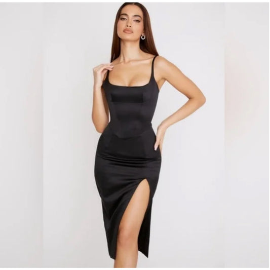 CASIMIRA House of CB BLACK SATIN CORSET MIDI DRESS