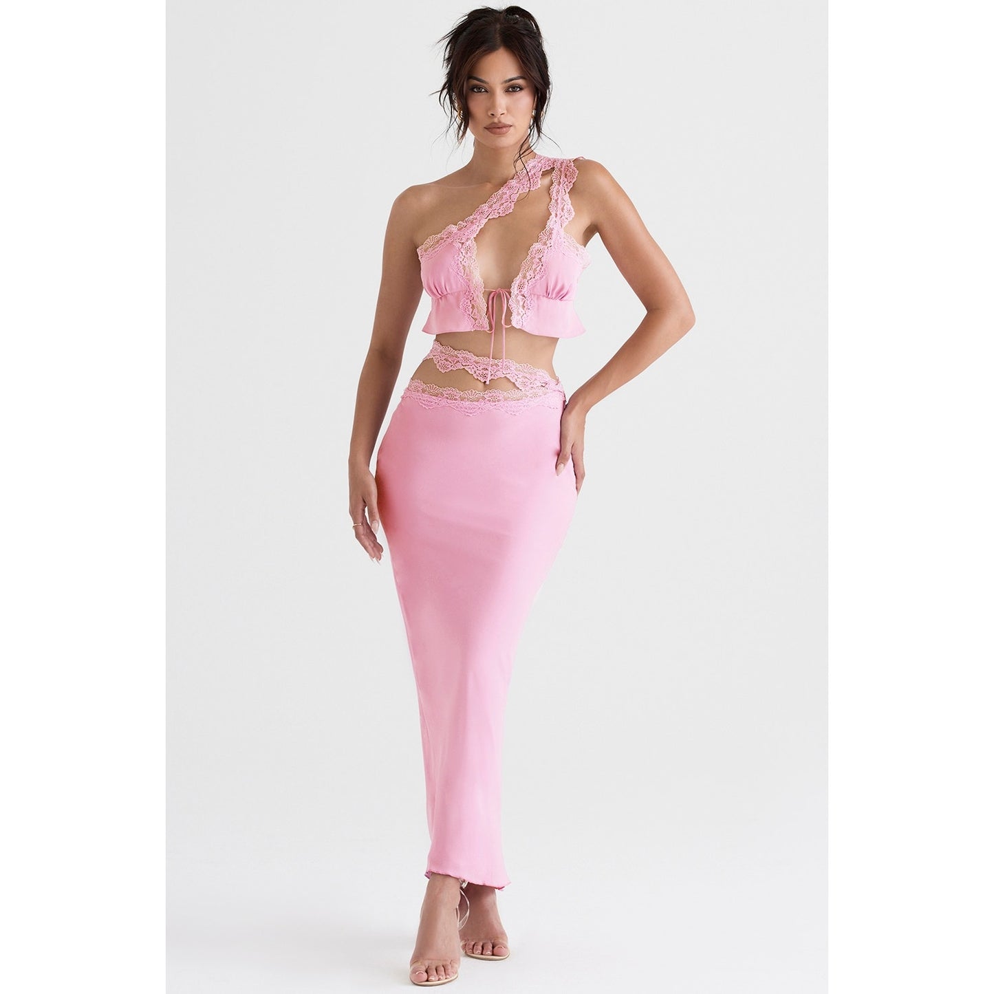 House of CB Mathilda pink lace trim maxi skirt
