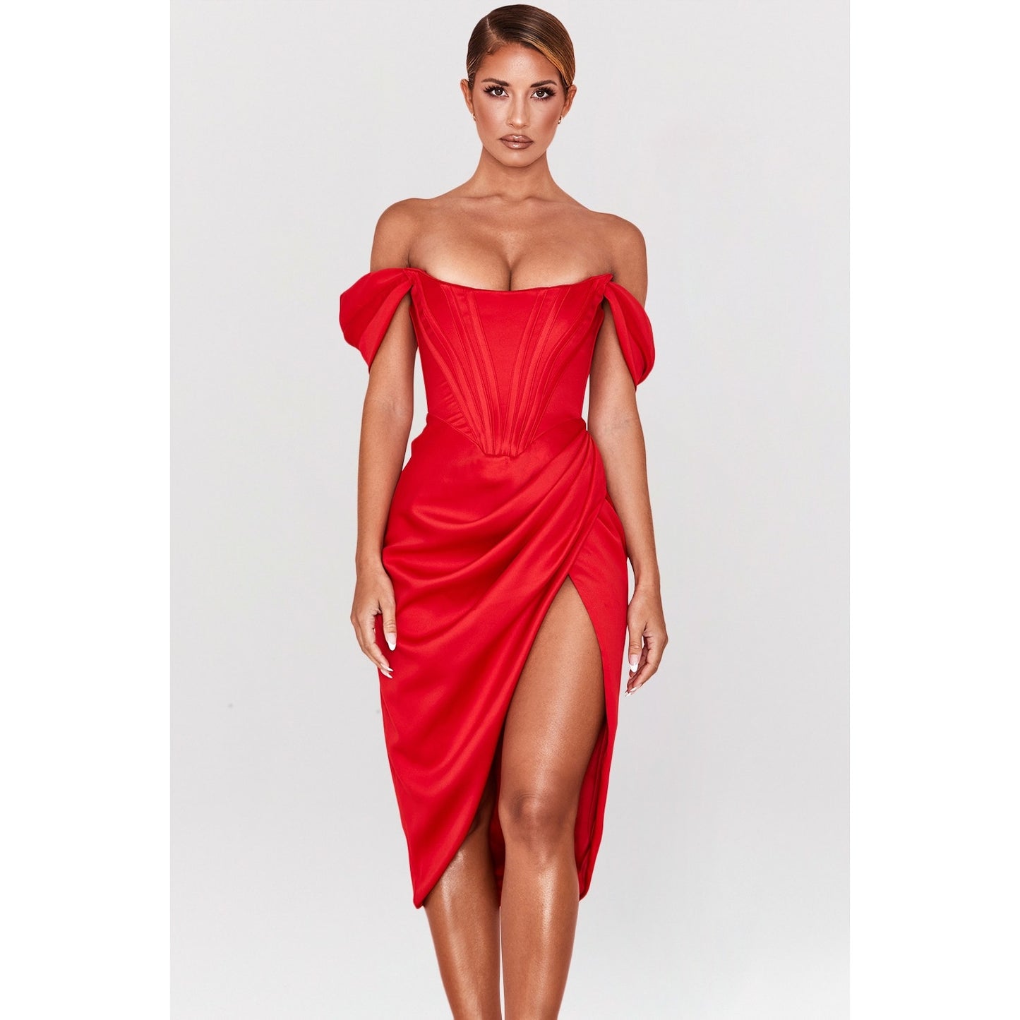 House of CB Loretta Red Satin Off Shoulder Dress