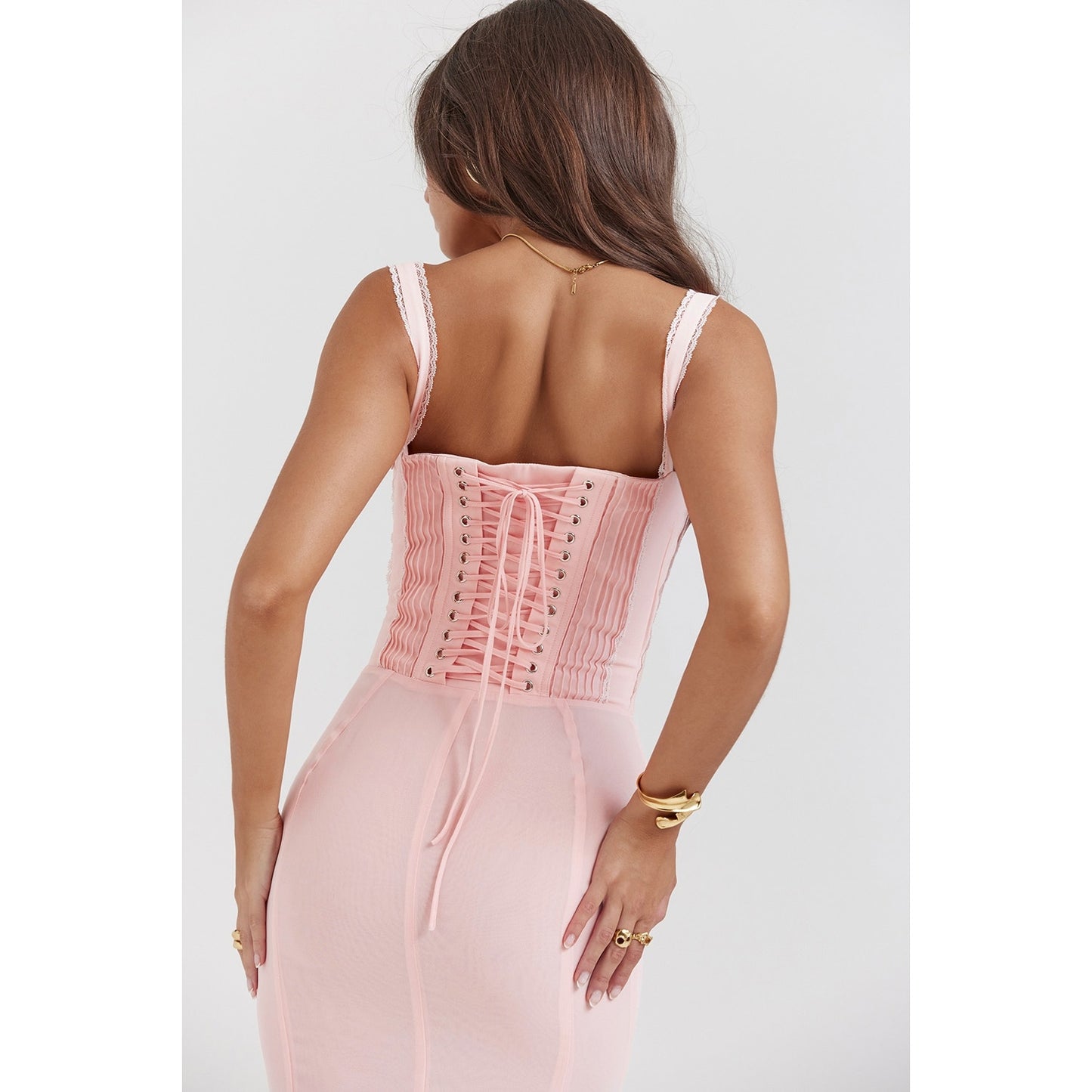 House of CB Syrah Soft Peach Lace Back Midi Dress
