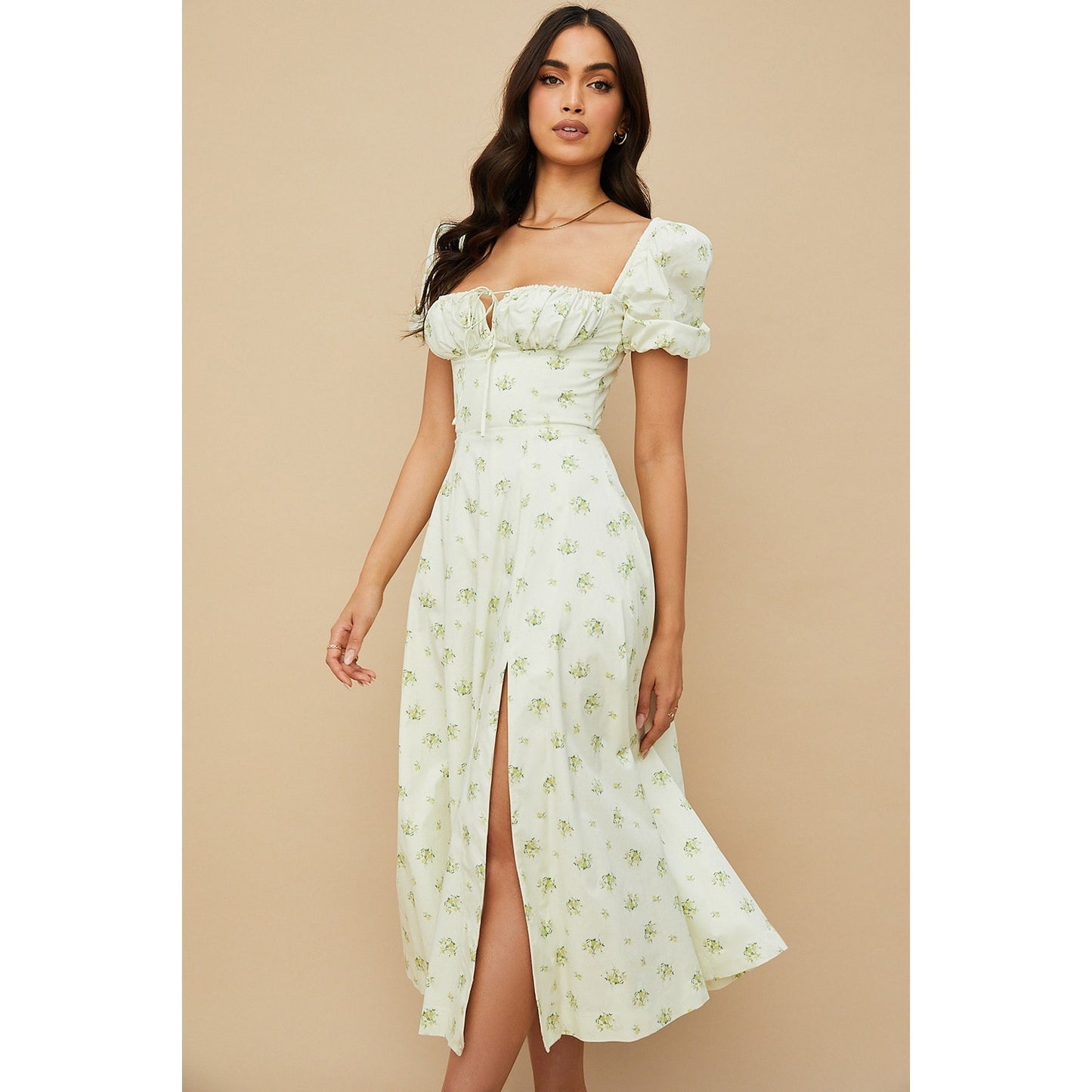 House of CB Tallulah Ivory Floral Puff Sleeve Midi Dress