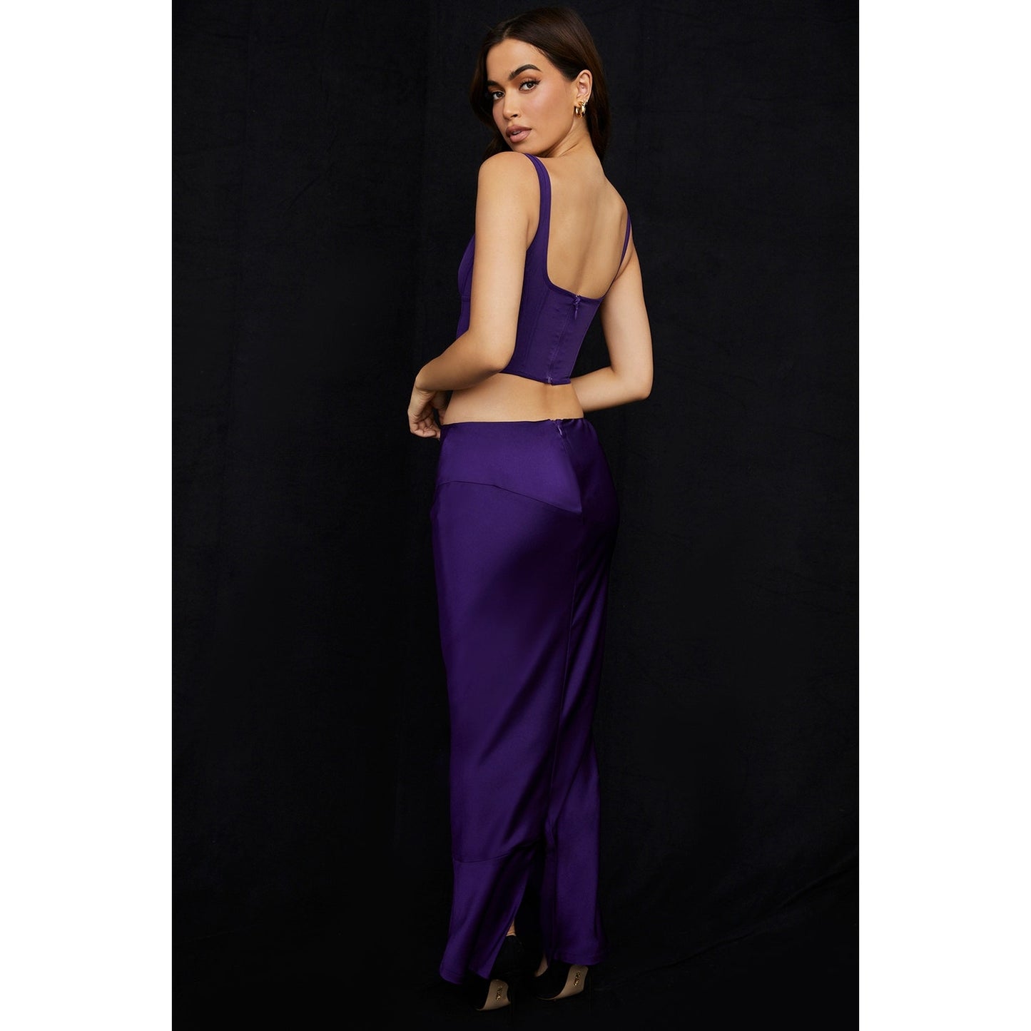 House of CB Colette grape satin low waist midi skirt