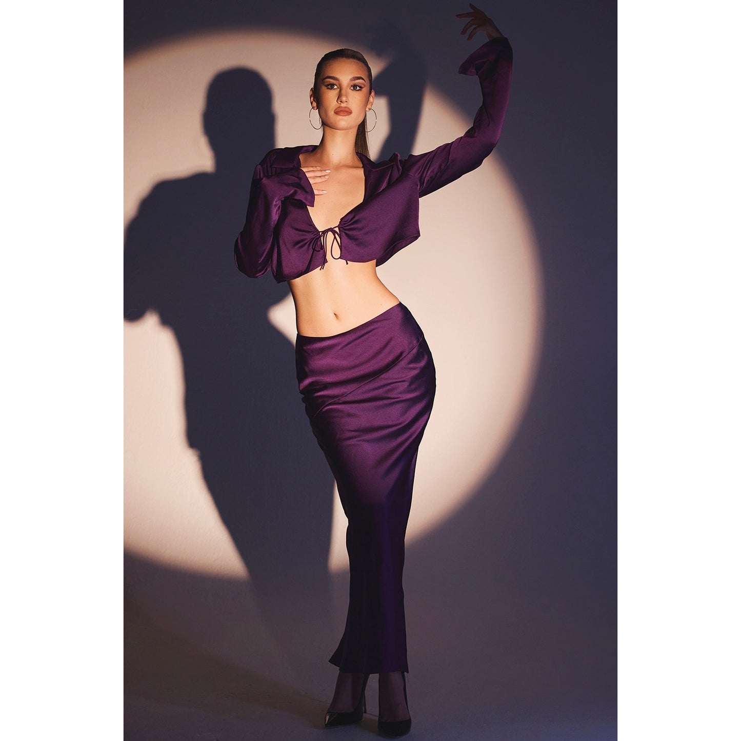 House of CB Colette grape satin low waist midi skirt