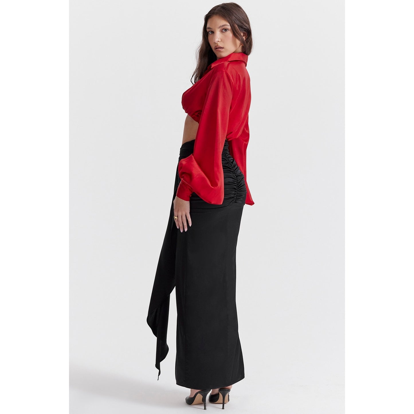 House of CB Arla black draped silk maxi skirt
