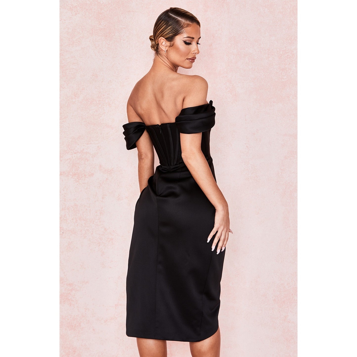 House of CB Loretta black satin off shoulder dress