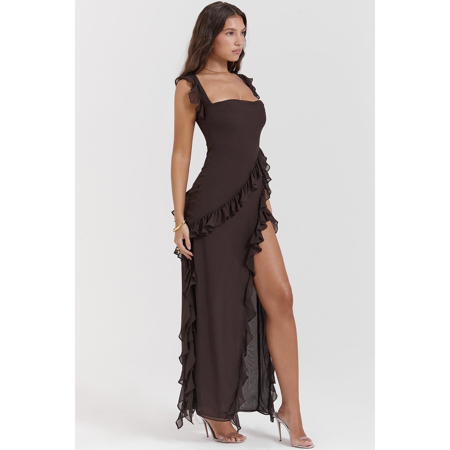 House of CB Ariela espresso ruffle maxi dress