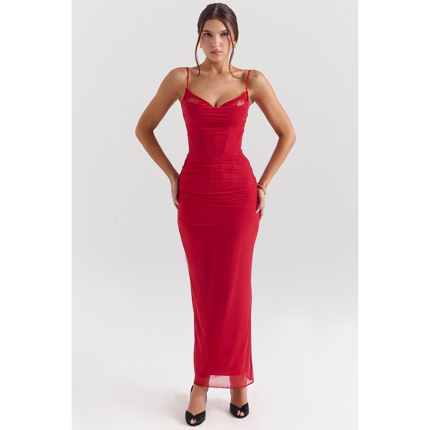 House of CB Nalini Holly Red Mesh Corset Maxi Dress