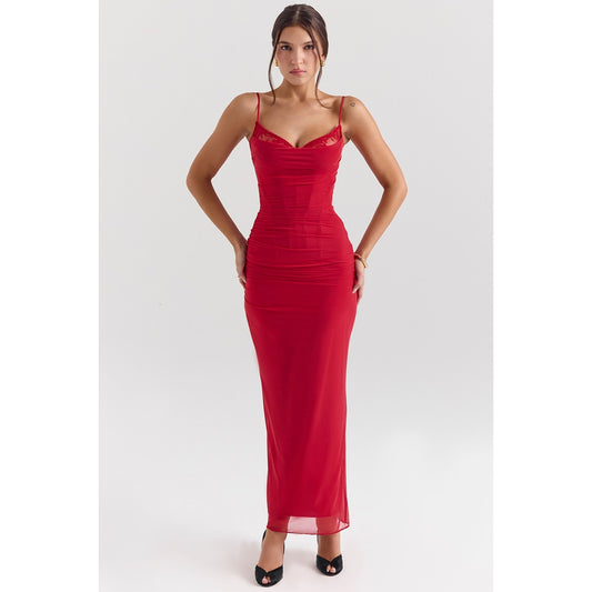 House of CB Nalini Holly Red Mesh Corset Maxi Dress