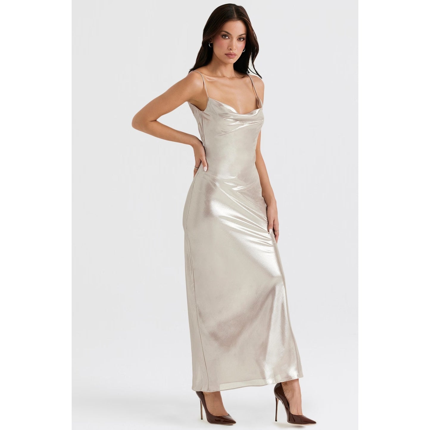 Leia champagne shimmer low back maxi dress Authentic
