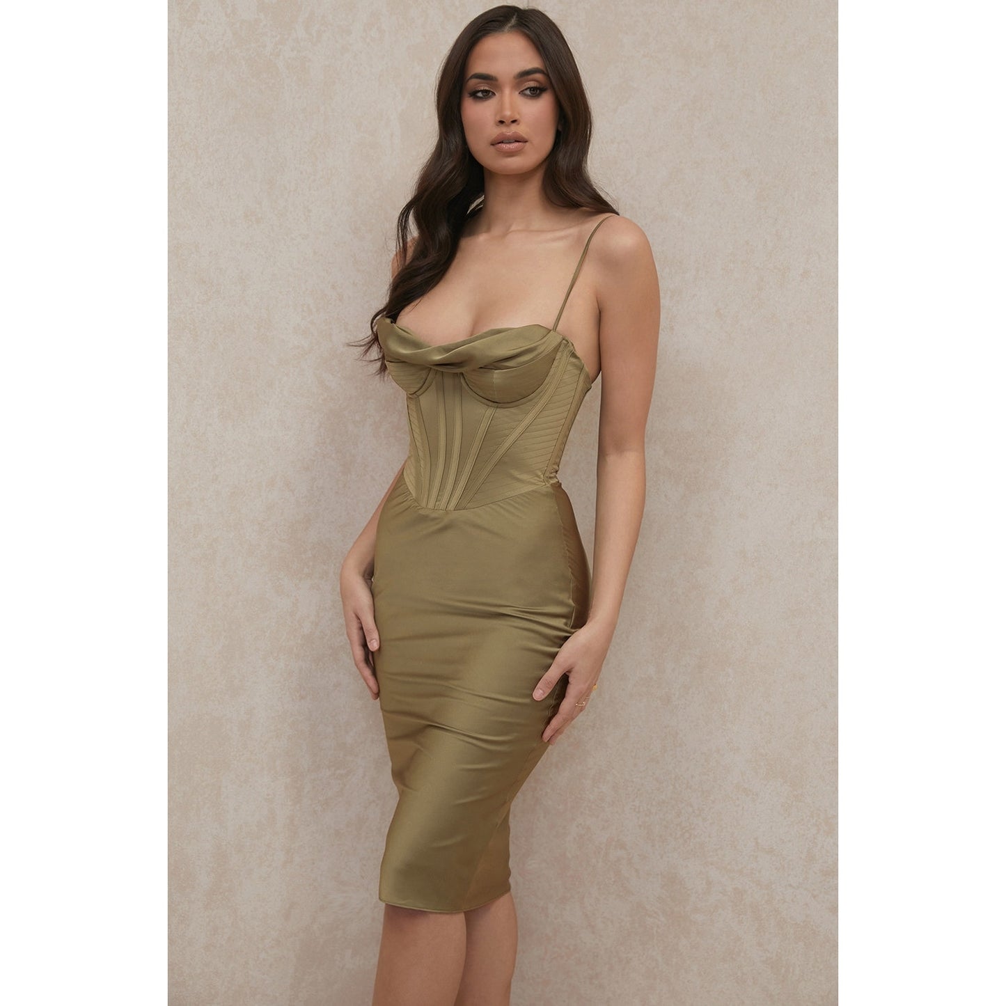 House of CB Myrna Olive Corset Slip Dress