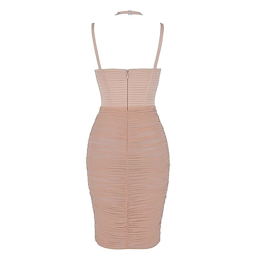 House of CB Josephine taupe pleated corset midi dress