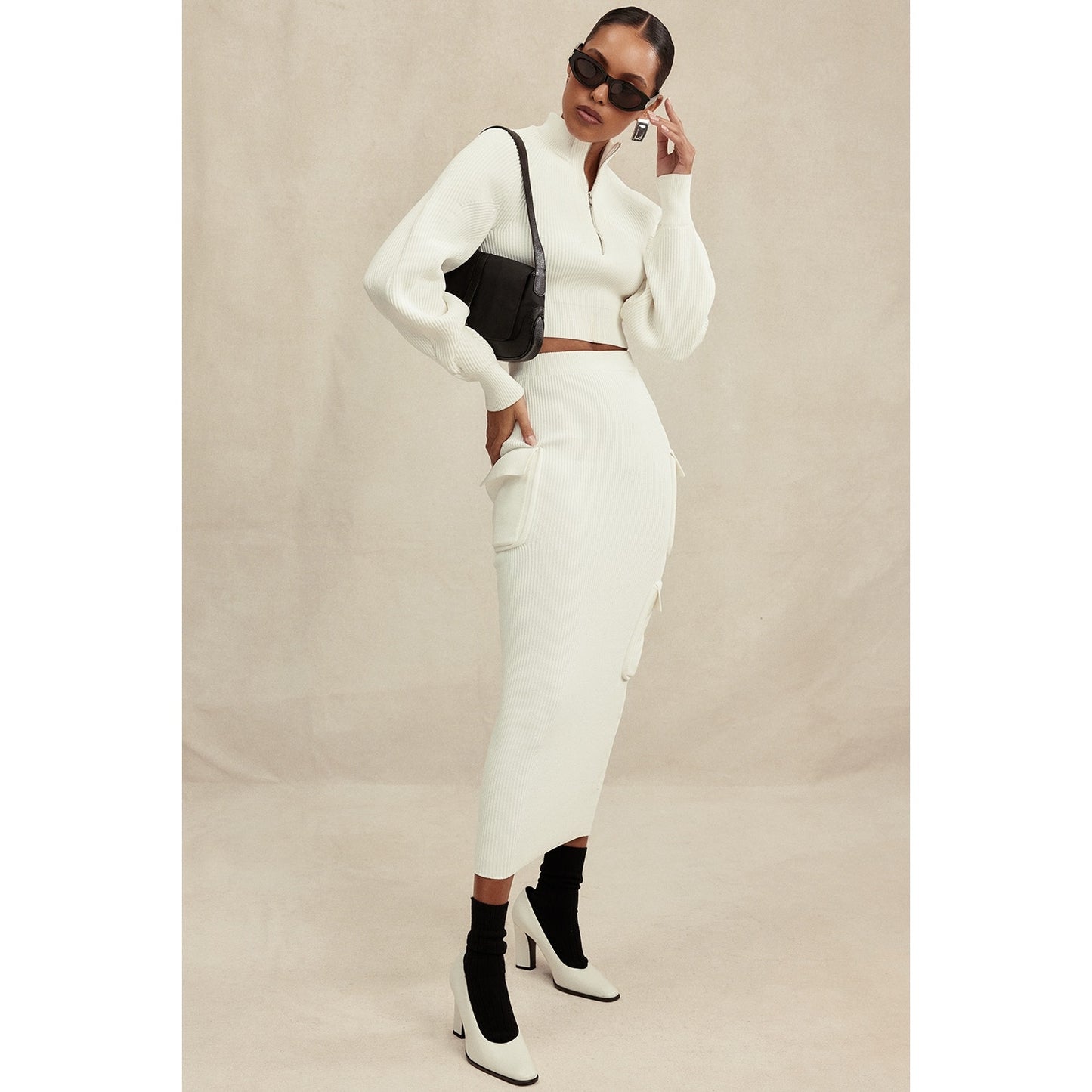 House of CB Maeve White Ribbed Knit Cargo Skirt
