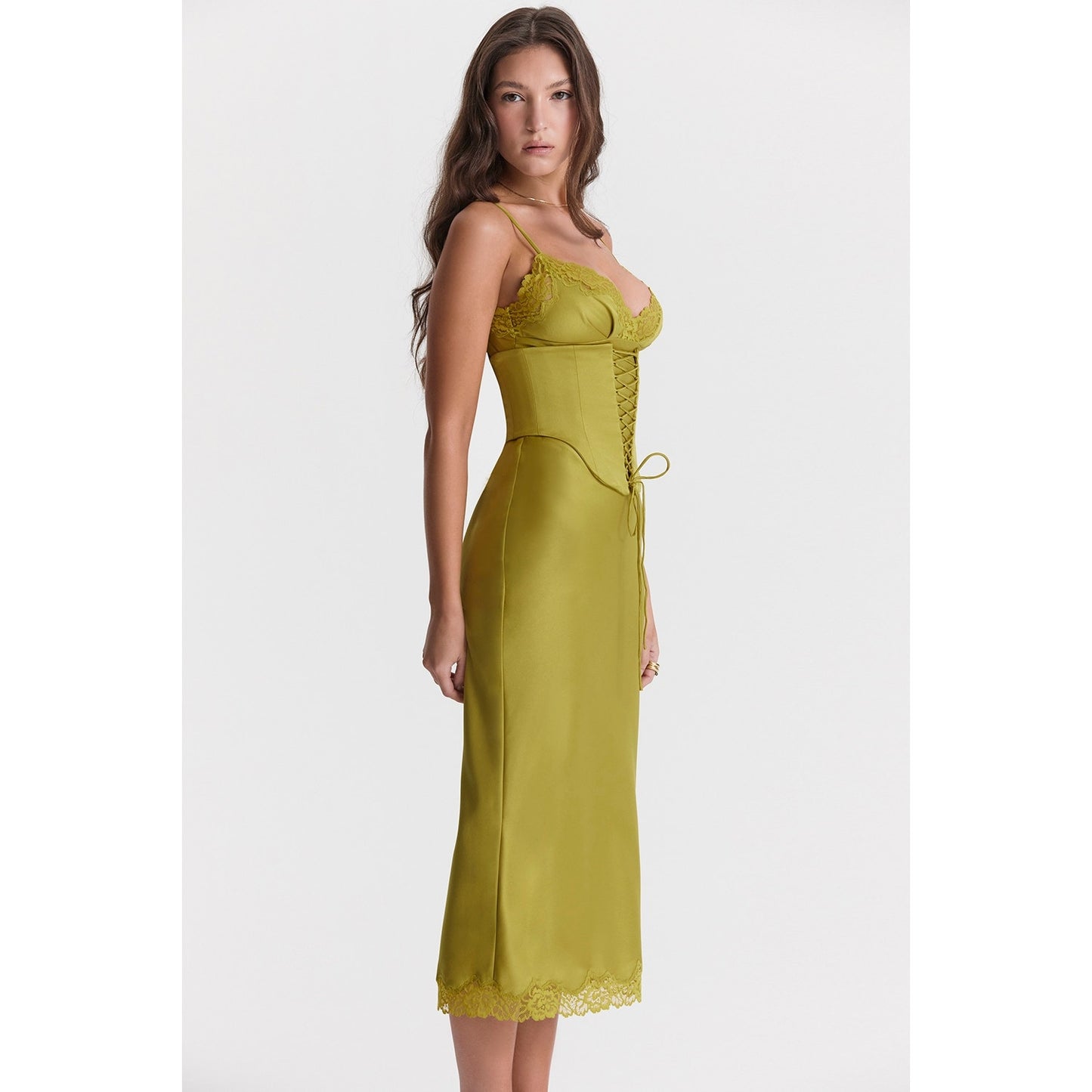 House of CB Salma Chartreuse Satin Slip Dress