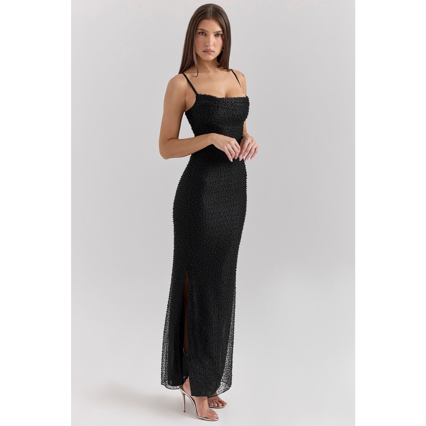 House of CB Calla Black Pearl Embellished Maxi Dress