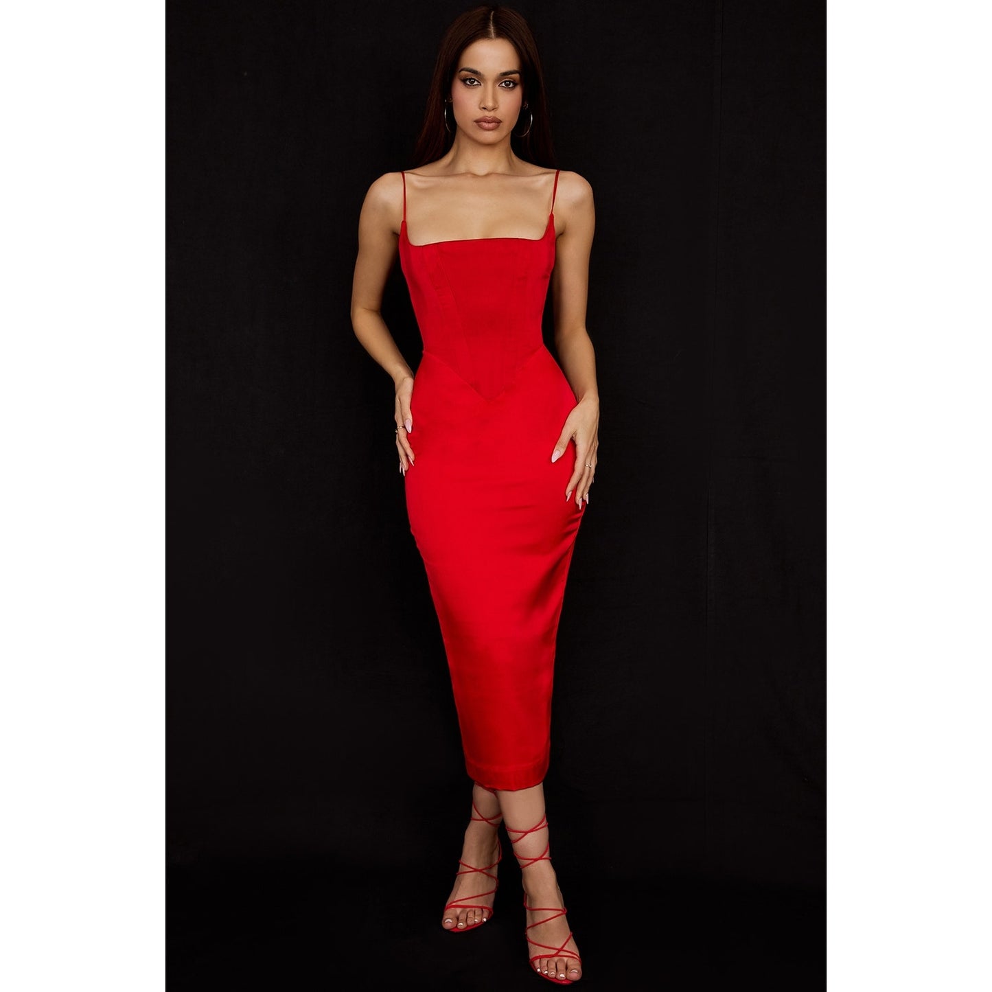 House of CB Anais scarlet satin corset midi dress