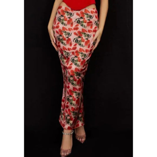 Luisette Rose Print Satin Midi Skirt