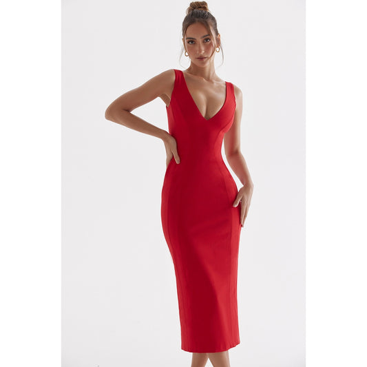 House of CB Cece Red Rose Plunge Maxi Dress
