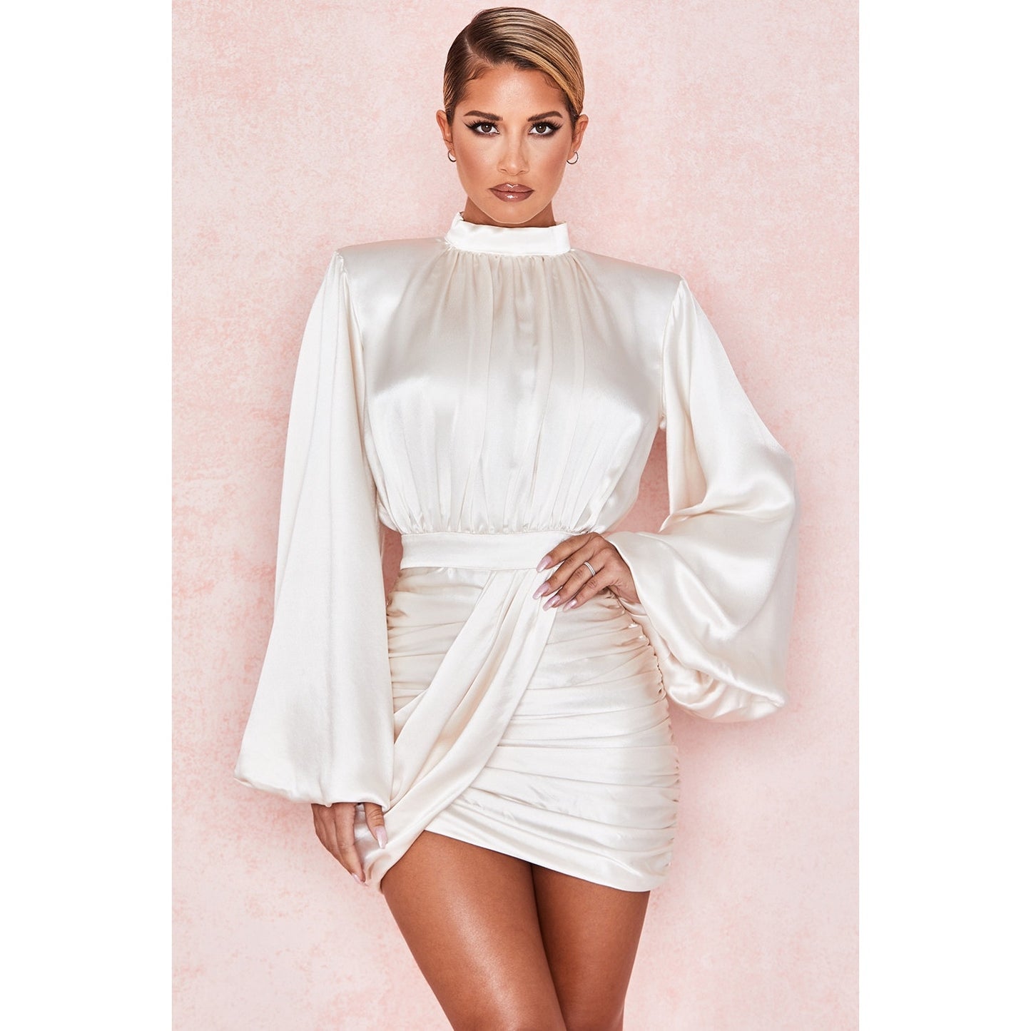 House of CB Khristen Ivory Satin Blouson Dress