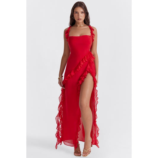 House of CB Ariela cherry ruffle maxi dress