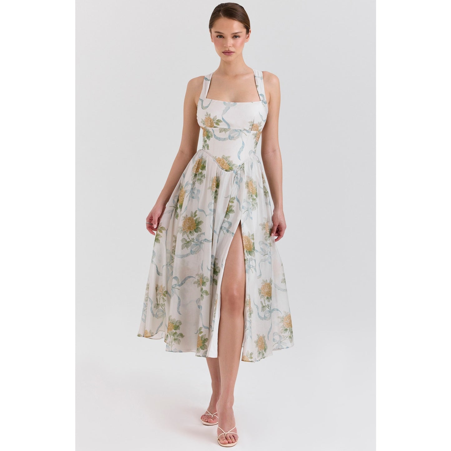House of CB Minerva Soft Blue Vintage Ribbon Midi Dress