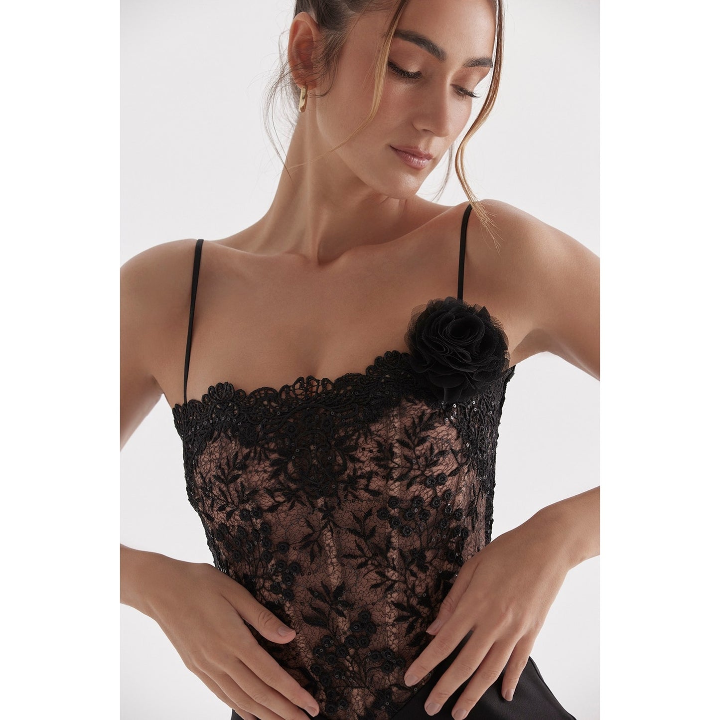 House of CB Nikita Black Satin And Lace Corset Dress