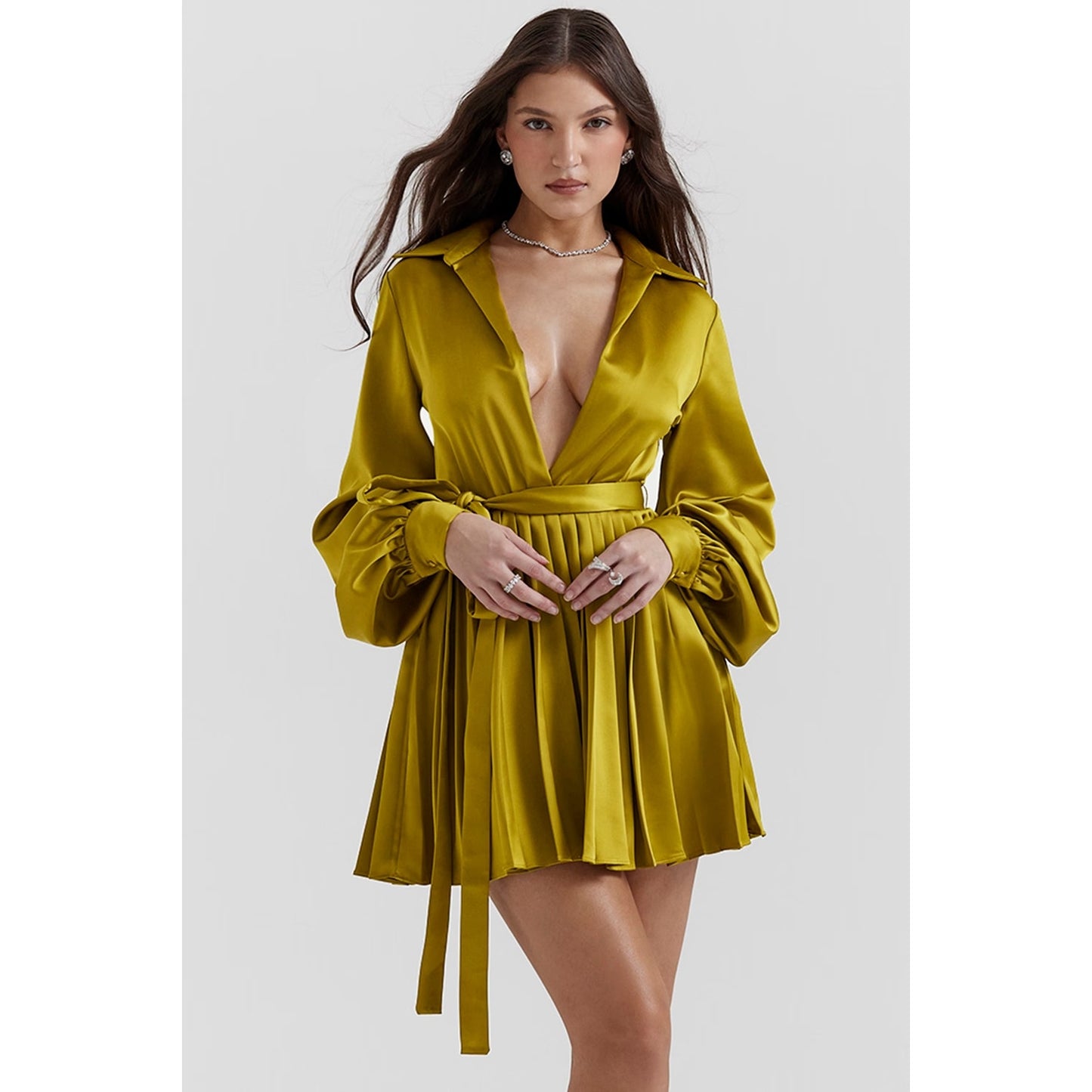 House of CB Allegra chartreuse pleated shirt dress NWOT Authentic