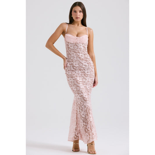 House of CB Azzurra rose pink lace godet gown