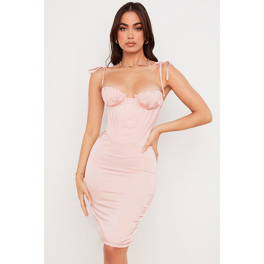 House of CB Alma blush pink satin corset midi dress