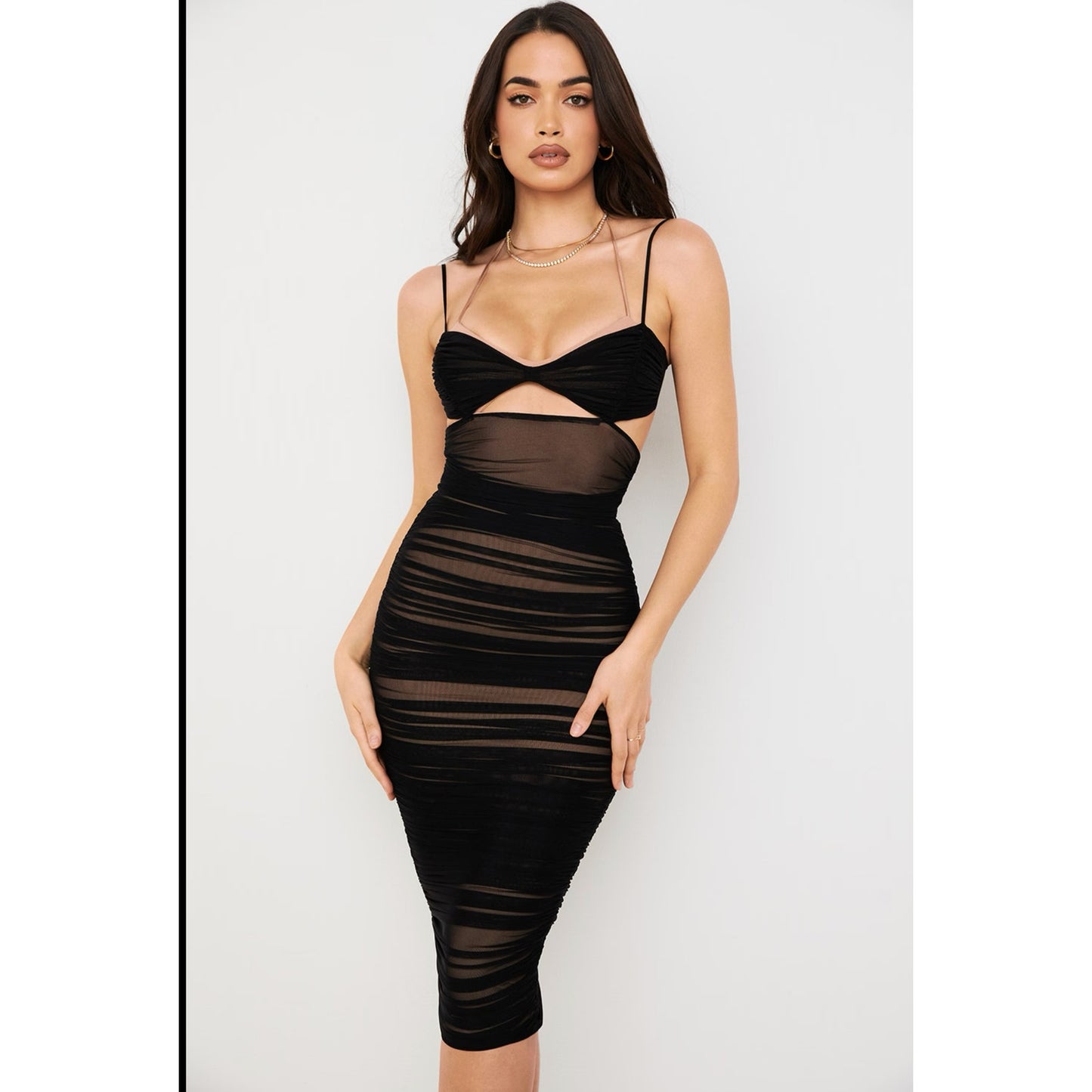 House of CB Tibi Black Cutout Ruched Midi Dress